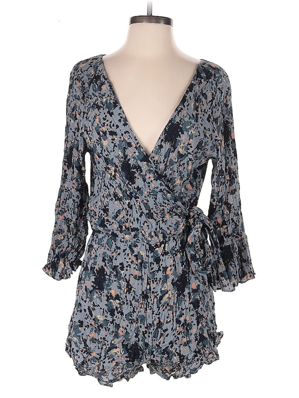 Free People Small Tie-Back Blue Floral Wrap Romper